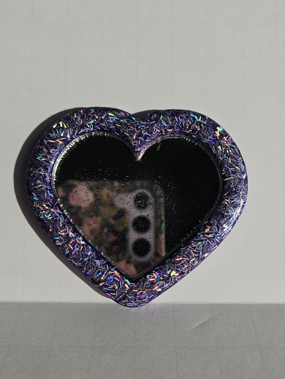 Handmade Holographic Glitter & Purple Heart Pocket Resin Mirror Girly Cute Royal